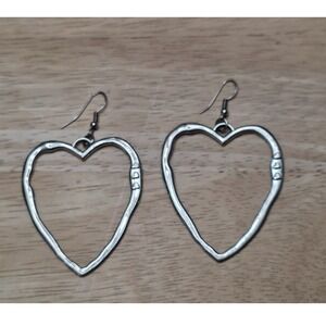 Large Silver Tone Open Heart Hoop Earrings Textured Statement Dangle Drop Love